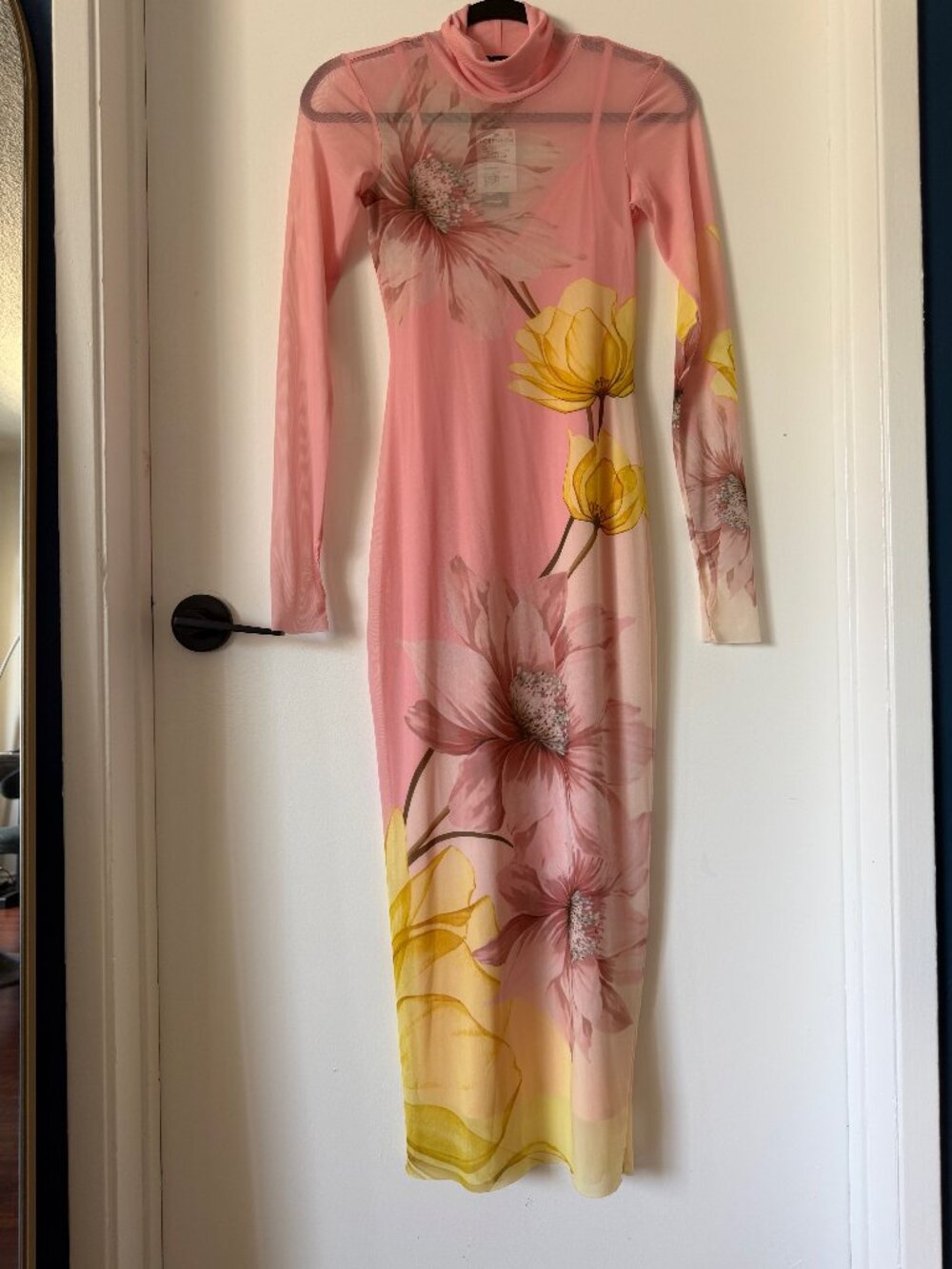 AFRM Pink Floral Mesh Turtleneck Maxi Dress XS